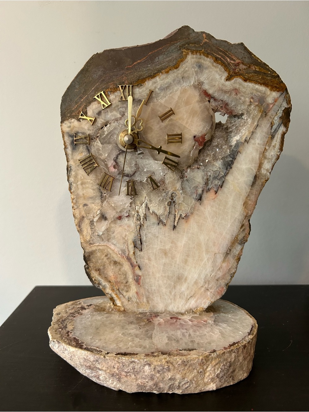 Vtg Stone Agate Geode Slice Crystal Table Clock- Works